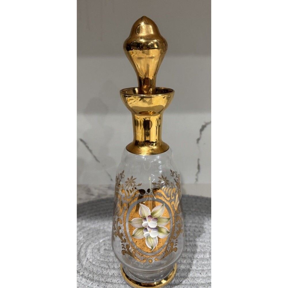 Vintage Bohemian Czech Gold Gilt Amber Glass Decanter with Moriage Flowers